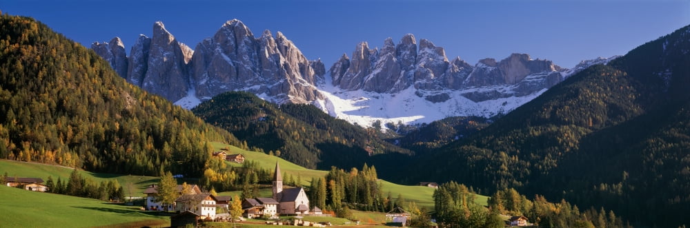 Trees and farmhouses in a field with mountains in the background Santa Maddalena Funes Valley Alto Adige Italy Canvas Art - Panoramic Images (36 x 12)