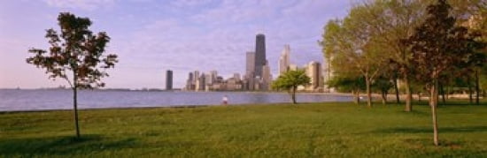 Trees in a park with lake and buildings in the background Lincoln Park Lake Michigan Chicago Illinois USA Canvas Art - Panoramic Images (36 x 12)