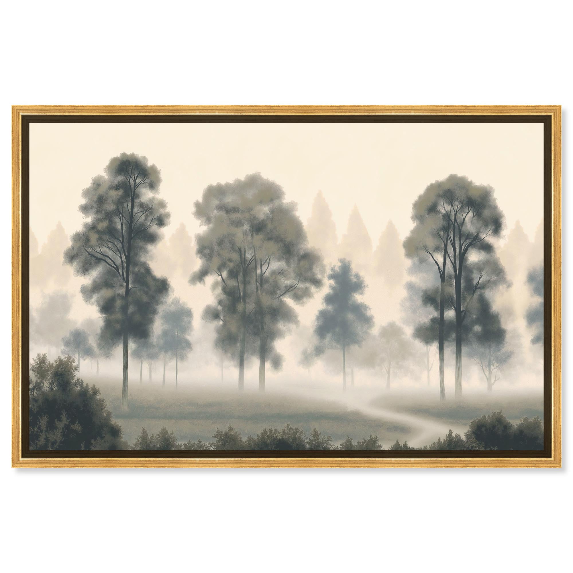 Trees in the Mist Landscape Canvas Art with Gold Frame