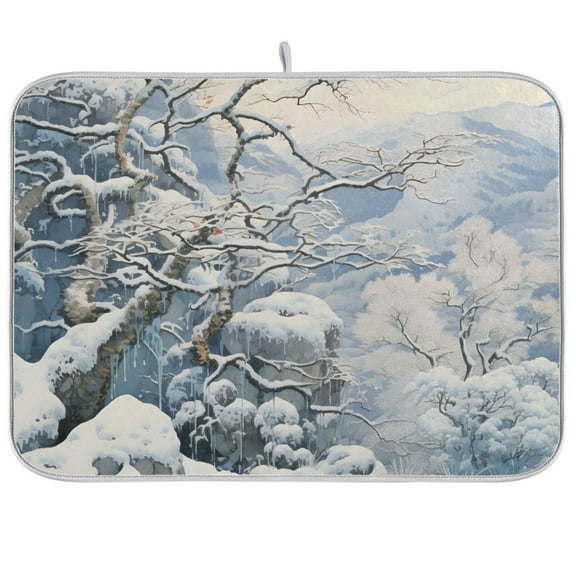 Trees on Winter Snow Dish Drying Mat Microfiber Kitchen Pad Large Counter Absorbent Dish Mats Drainer Rack 16"x18"