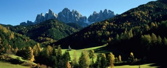 Trees on a landscape Dolomites Funes Valley Le Odle Santa Maddalena Tyrol Italy Canvas Art - Panoramic Images (30 x 13)