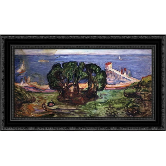 Trees on the Shore 16x24 Black Ornate Wood Framed Canvas Art by Munch, Edvard