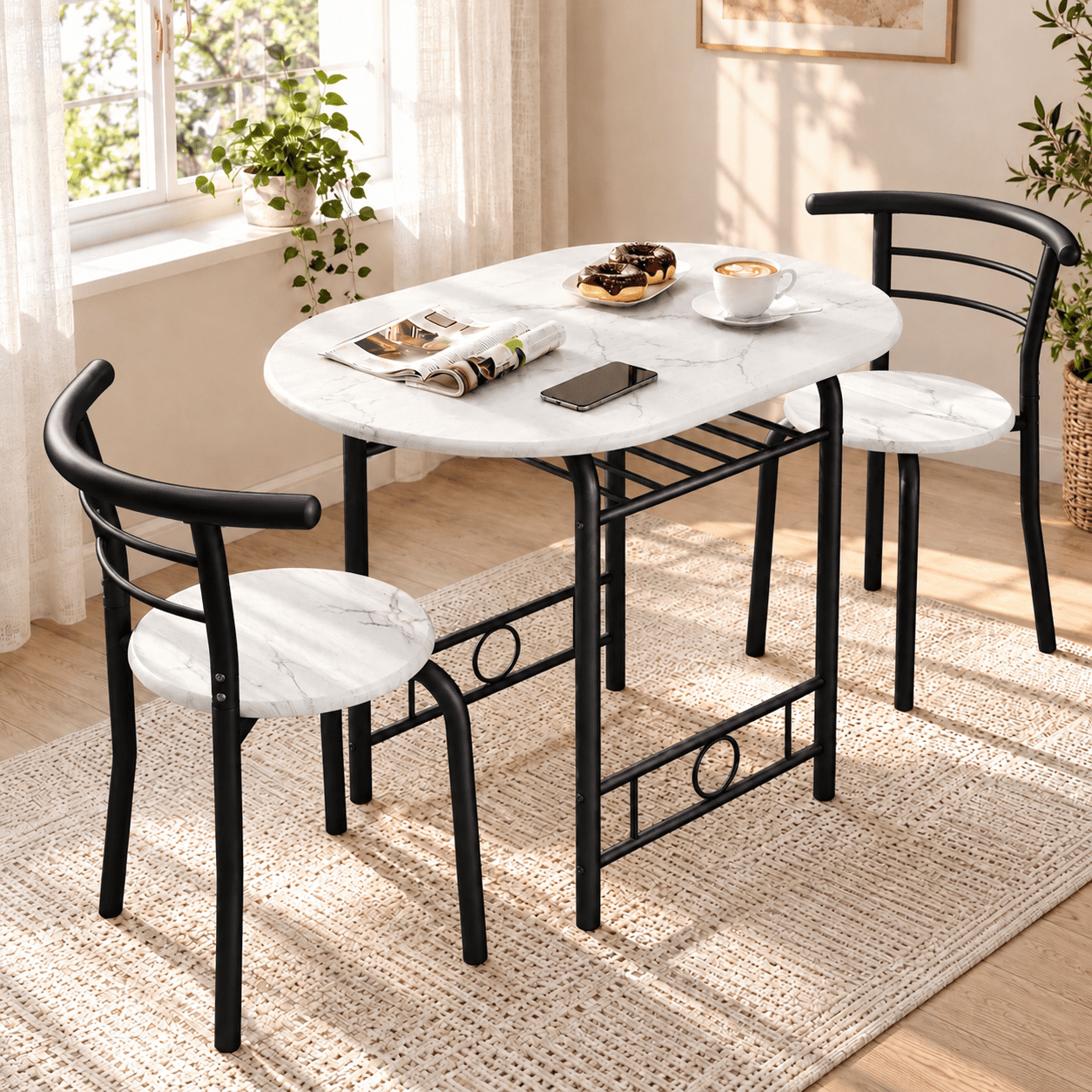 White Wibe Rack Treevan 3 Piece Dining Table Set, 31.5 in Wood Top with 2 Chairs and ...