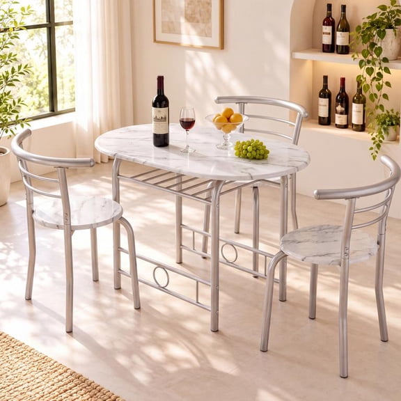 Treevan 3 Piece Dining Table Set, 31.5 in Wood Top with 2 Chairs and Wine Rack for Kitchen, Silver and White