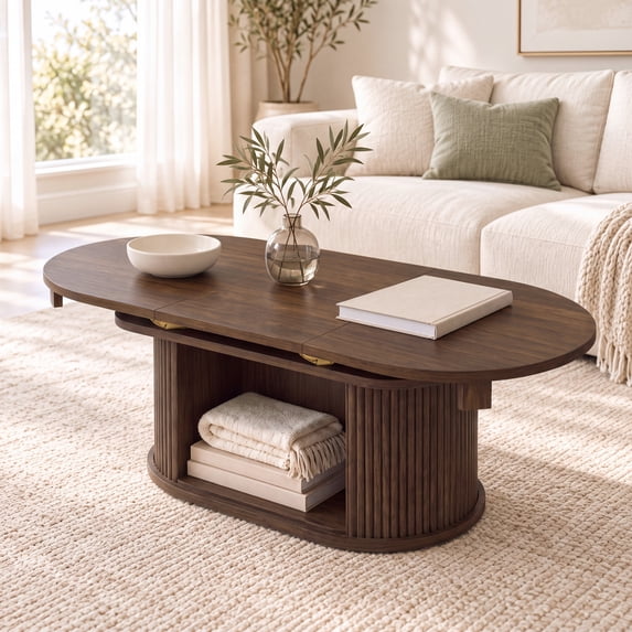Neceotide Table Treevan Extendable Coffee Table 31.5-45.2 in, Oval Fluted Base with ...