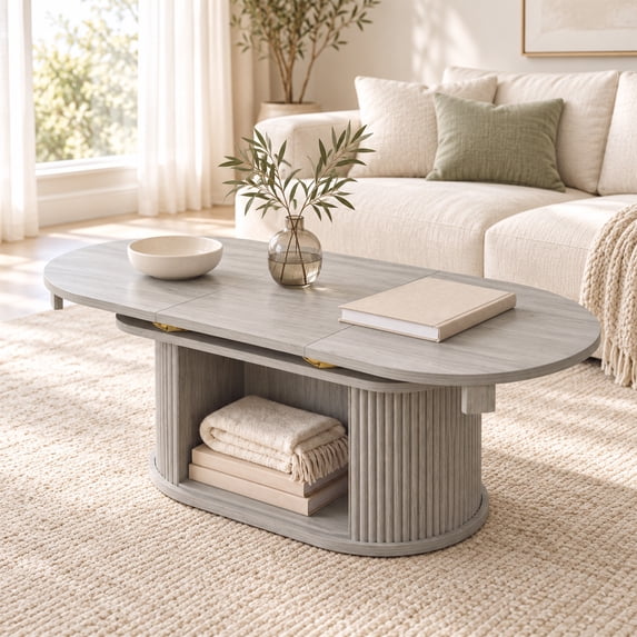 Neceotide Table Treevan Extendable Coffee Table 31.5-45.2 in, Oval Fluted Base with ...