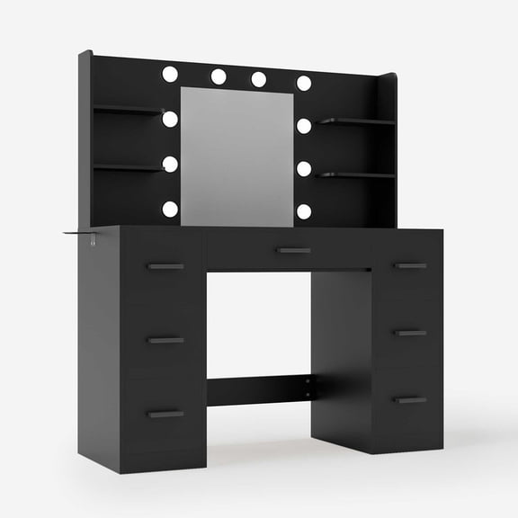 Treevan Vanity Desk with Hollywood LED Lighted Mirror, Makeup Vanity Table with 7 Drawers & 6 Open Shelves, 3 Color Dimmable Lights, Power Outlet & Hair Dryer Holder, Dressing Table for Bedroom,Black