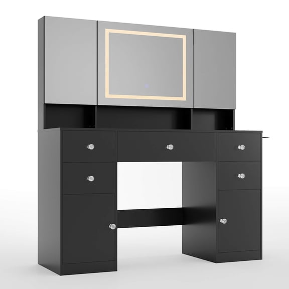 Treevan Vanity Desk with LED Lighted Mirror, Glass Top Makeup Vanity with Hidden Storage Cabinet, 3 Color Dimmable Lights, Power Outlet & 6 Drawers, Dressing Table for Bedroom,Black
