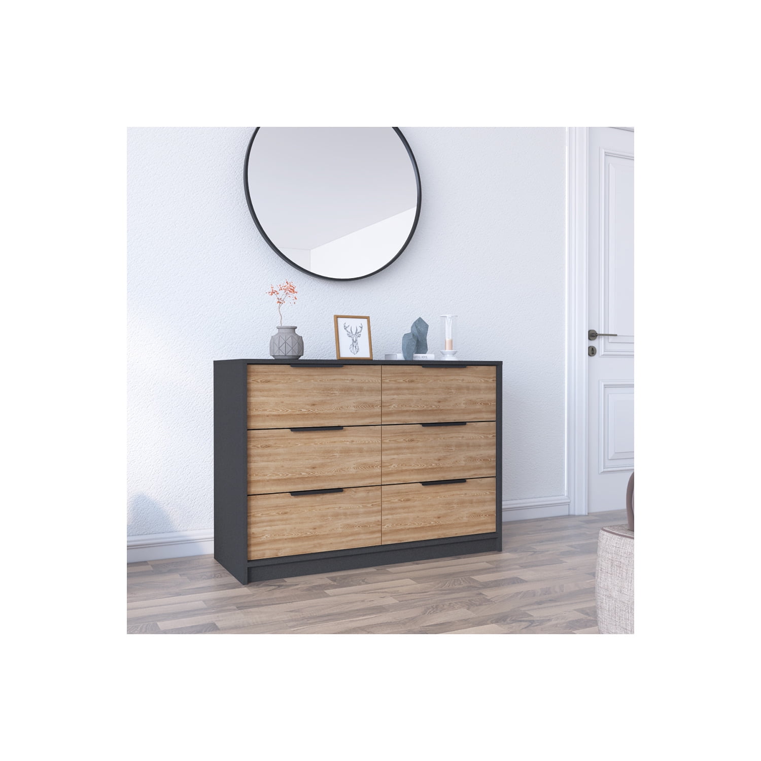 Industrial Black Pine Double Dresser with Matte Steel Hardware