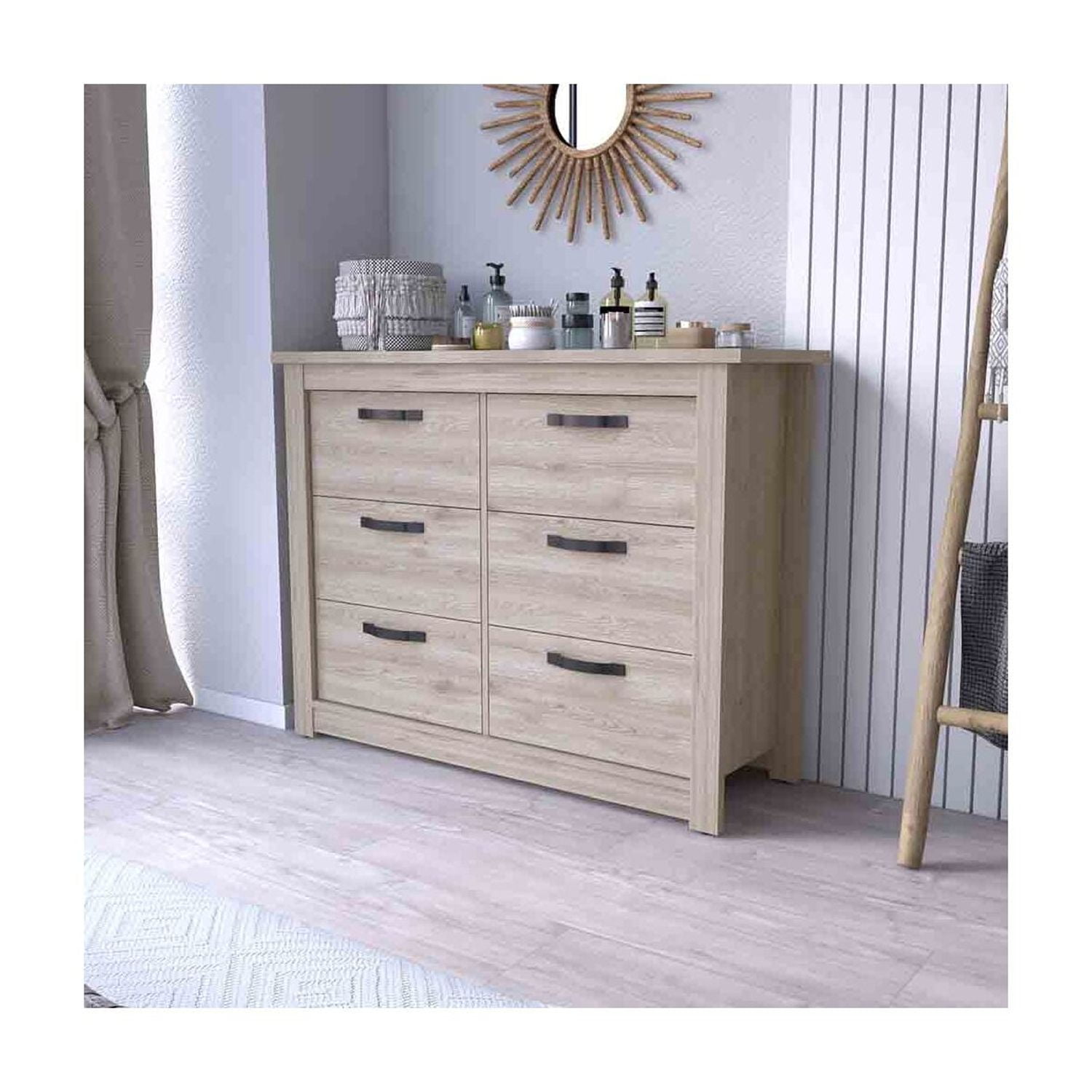 Light Gray Double Dresser with Six Drawers and Metal Hardware