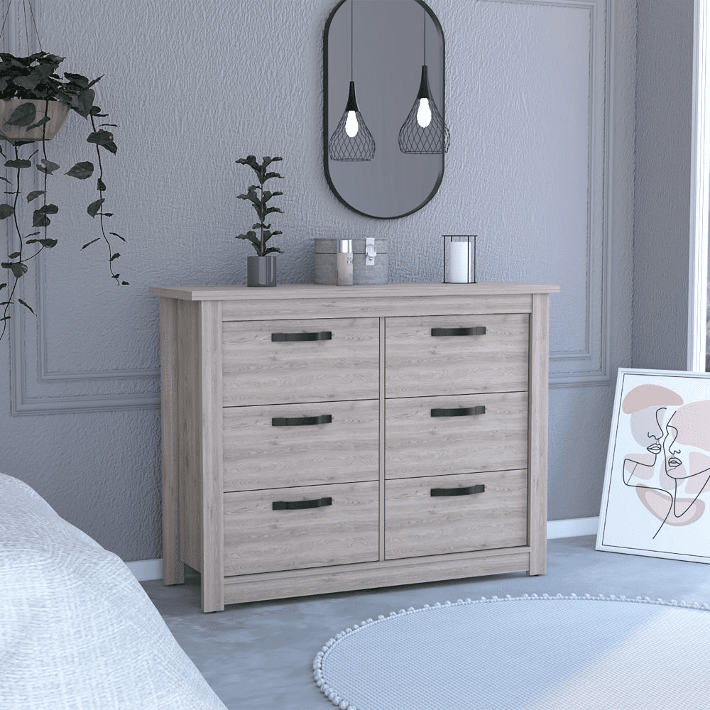 Light Gray Double Dresser with Six Drawers and Metal Hardware