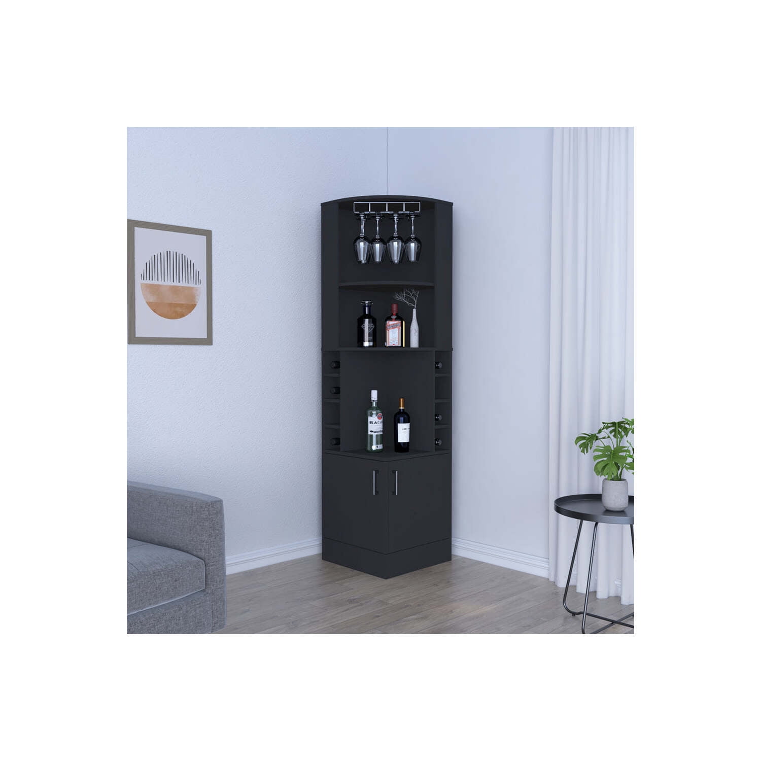 Black Wengue Modern Bar Cabinet with Wine Cubbies and Double Door