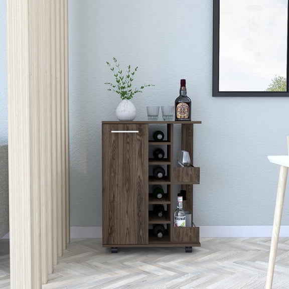 We Have Furniture Bar Cart Wells, Four Casters, Dark Walnut Finish