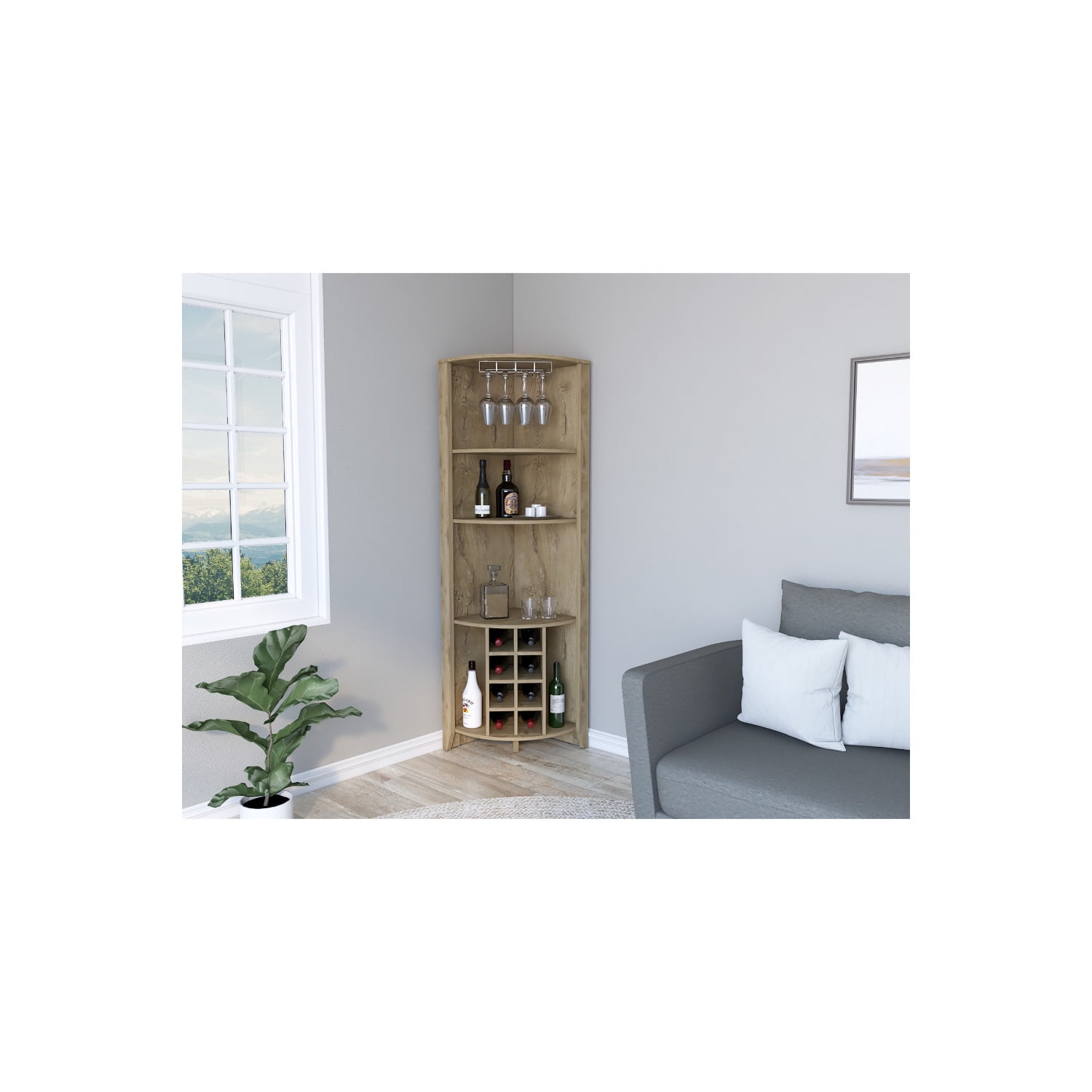 Modern Macadamia Corner Bar Cabinet with Wine Storage