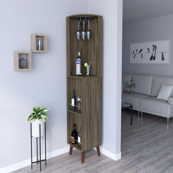 We Have Furniture Corner Bar Cabinet Plex, Cup Rack, Two External Shelves, Dark Brown Finish