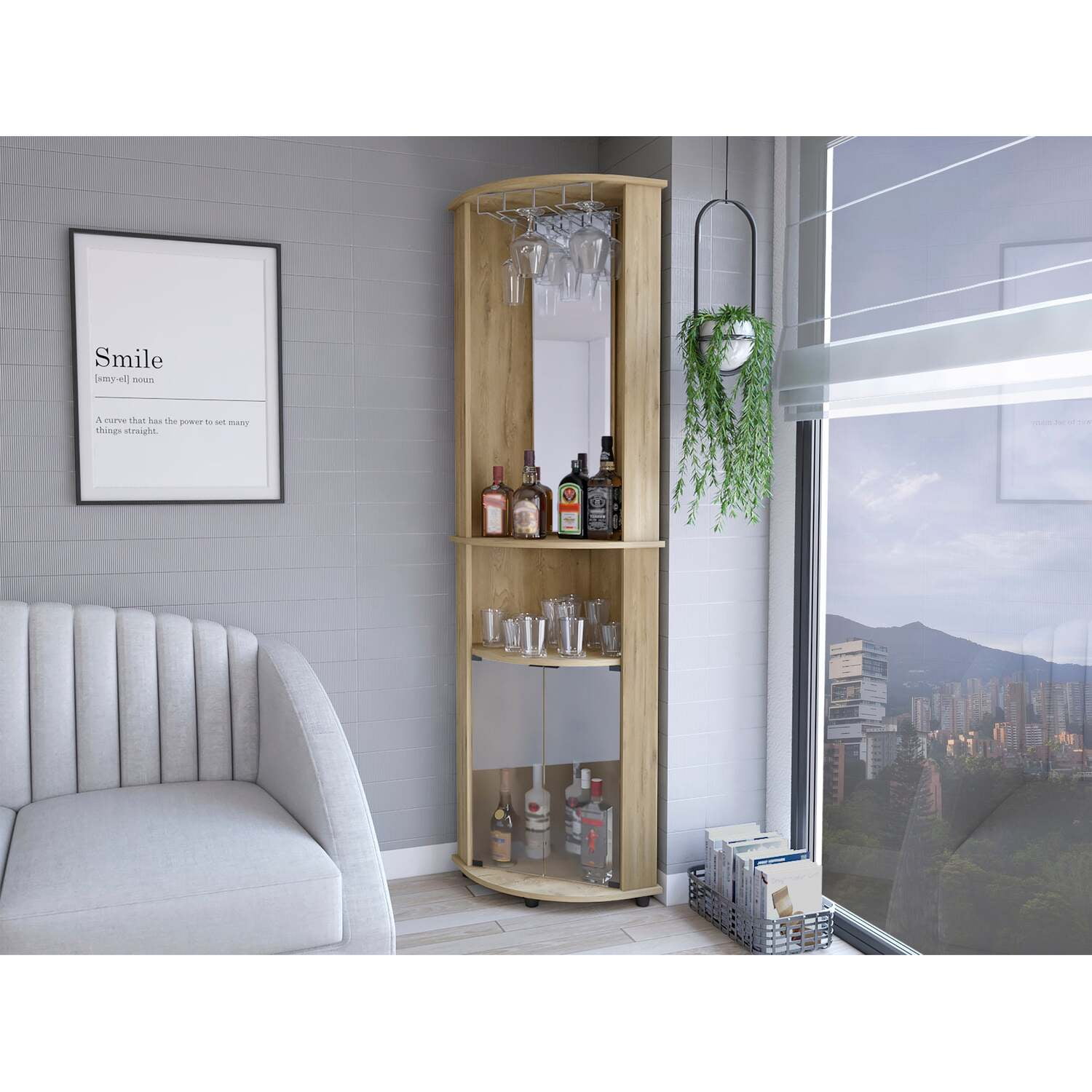 Modern Macadamia Pedestal Bar Cabinet with Powder-Coated Finish