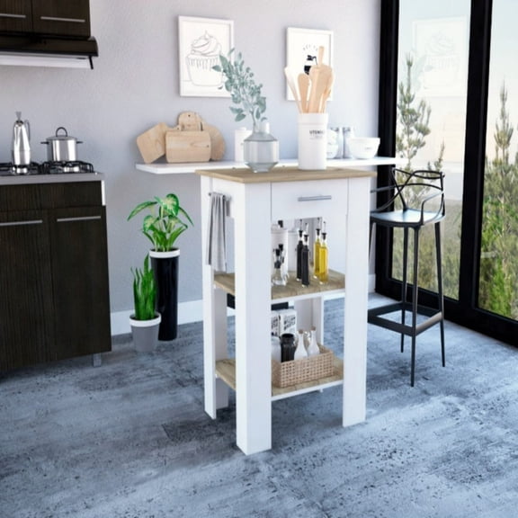 Treevol Furniture, Kitchen Island 23 Inches Dozza with Single Drawer and Two-Tier Shelves, White / Light Oak Finish