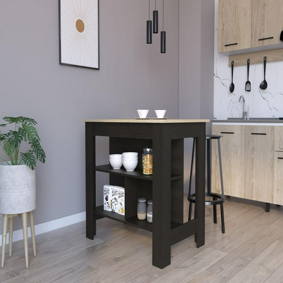 We Have Furniture Kitchen Island Dozza, Three Shelves, Black Wengue / Light Oak Finish