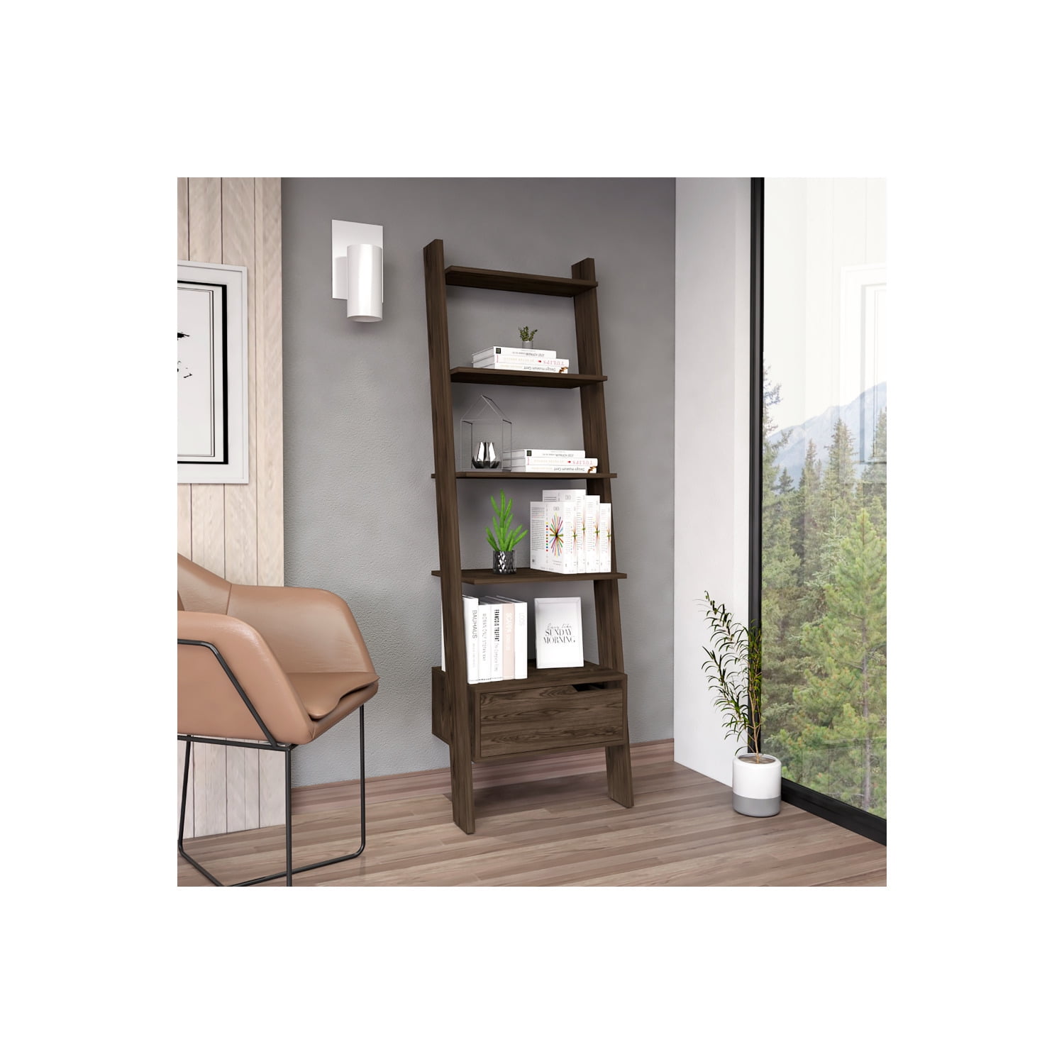Elegant Dark Walnut Wood Ladder Bookcase with Drawer