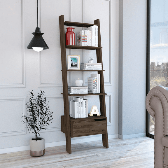 We Have Furniture Ladder Bookcase Bull, One Drawer, Five Open Shelves, Dark Walnut Finish