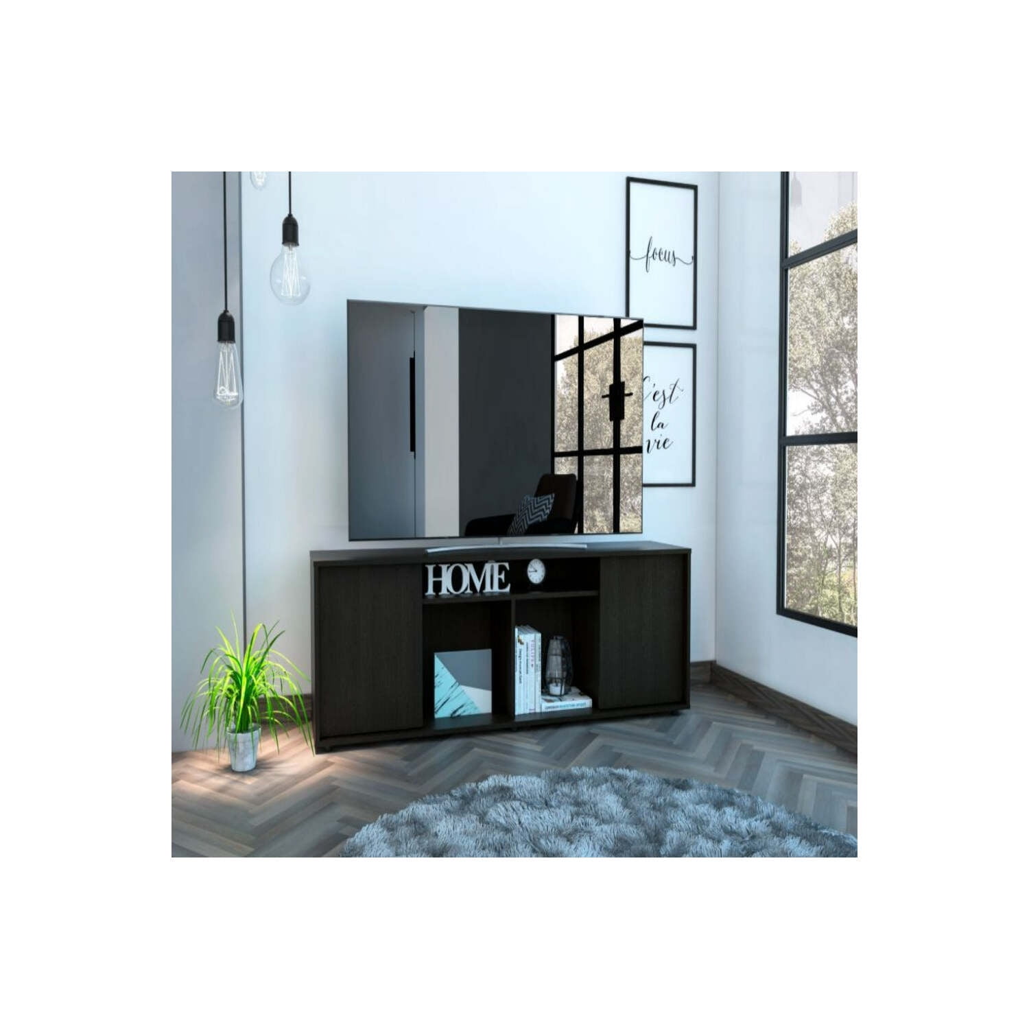 Black Wood TV Stand with Cabinet for 60" Screens