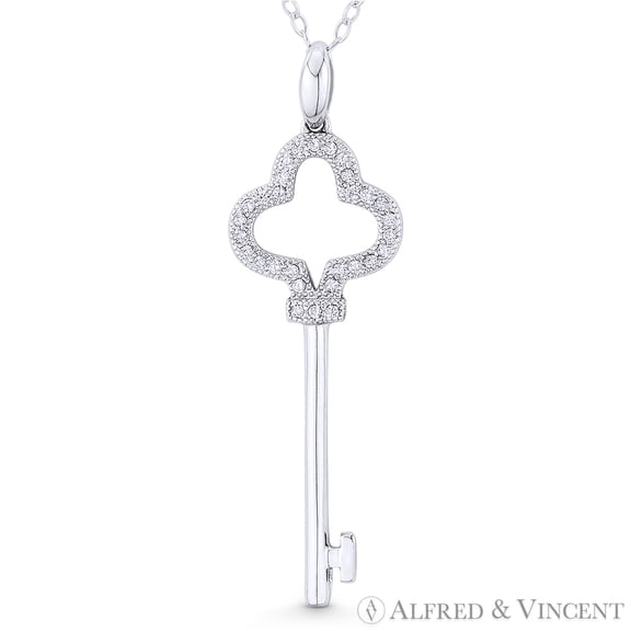 Trefoil Clover Bow CZ Crystal Key Charm Pendant & Chain Necklace in .925 Sterling Silver