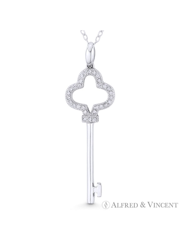 Trefoil Clover Bow CZ Crystal Key Charm Pendant & Chain Necklace in .925 Sterling Silver