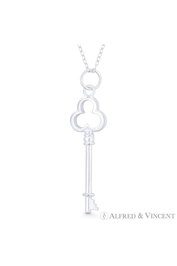 Trefoil Clover Bow Skeleton Key Love Charm Pendant & Chain Necklace in .925 Sterling Silver