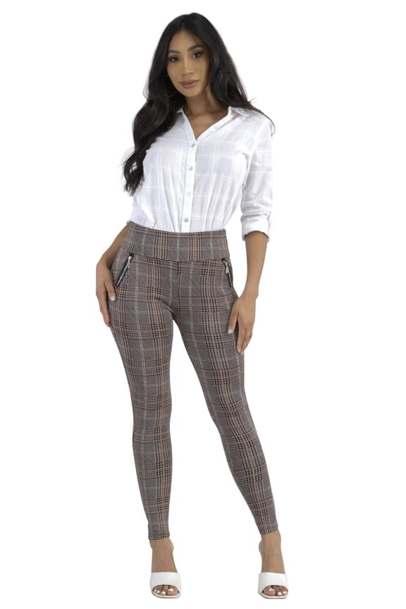 Tregging Skinny Pants With Zipper Pockets - Khaki, Black, Camel Plaid