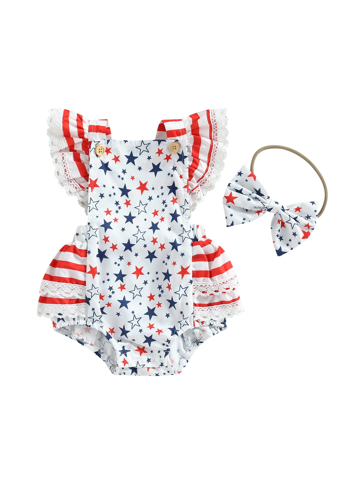 Infant Baby Girl 4th Of July Outfit - American Flag Romper With Headband Set