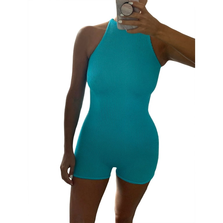 Tregren Women Playsuits Romper Workout Athletic Romper One Piece Tummy  Control Tank Top Bodysuit 
