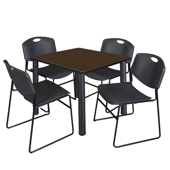Trek 36" Square Breakroom Table- Neo Walnut/ Black & 4 Zeng Stack Chairs- Black
