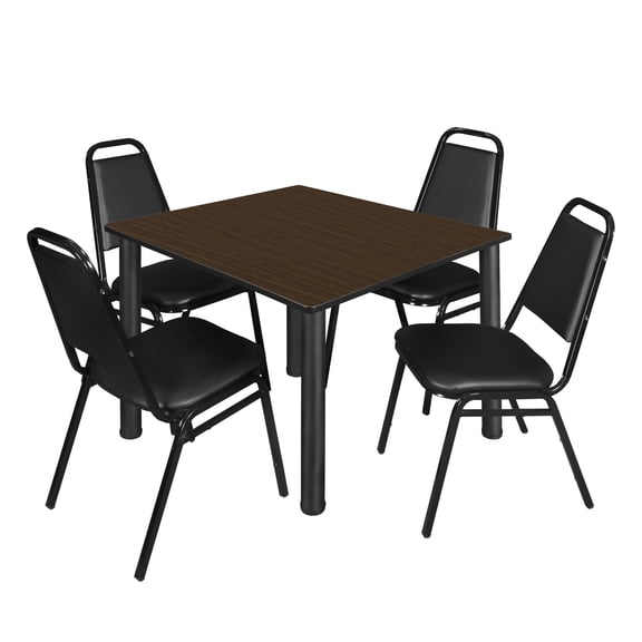 Trek 48" Square Breakroom Table- Neo Walnut/ Black & 4 Restaurant Stack Chairs- Black