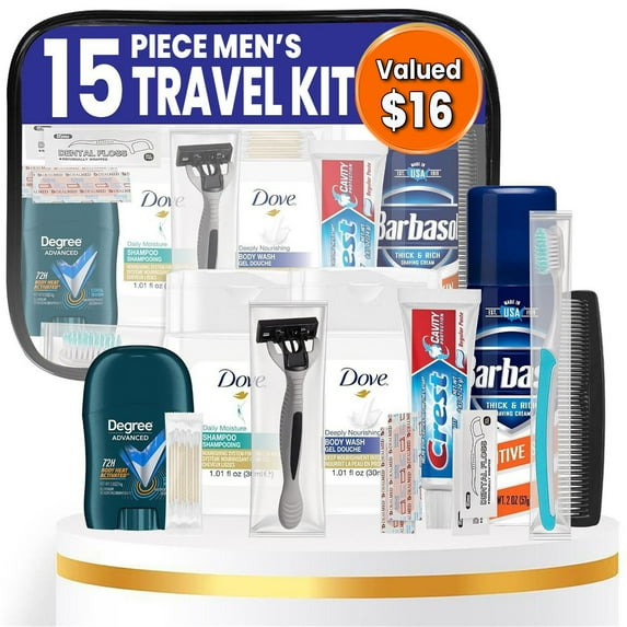 TrekTote 15-Piece Travel Toiletry Convenience Kit - Essentials Bag with Men's Toiletries. TSA-Approved Travel Size Kit for Men with Essential Toiletries.