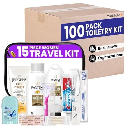 TrekTote 15-Piece Travel Toiletry Kit -(100 Pack) Ready to Go Personal Care Travel Hygiene Essentials Bag with Women Toiletries. TSA-Approved Travel Size Kit For Women with Essential Toiletries.