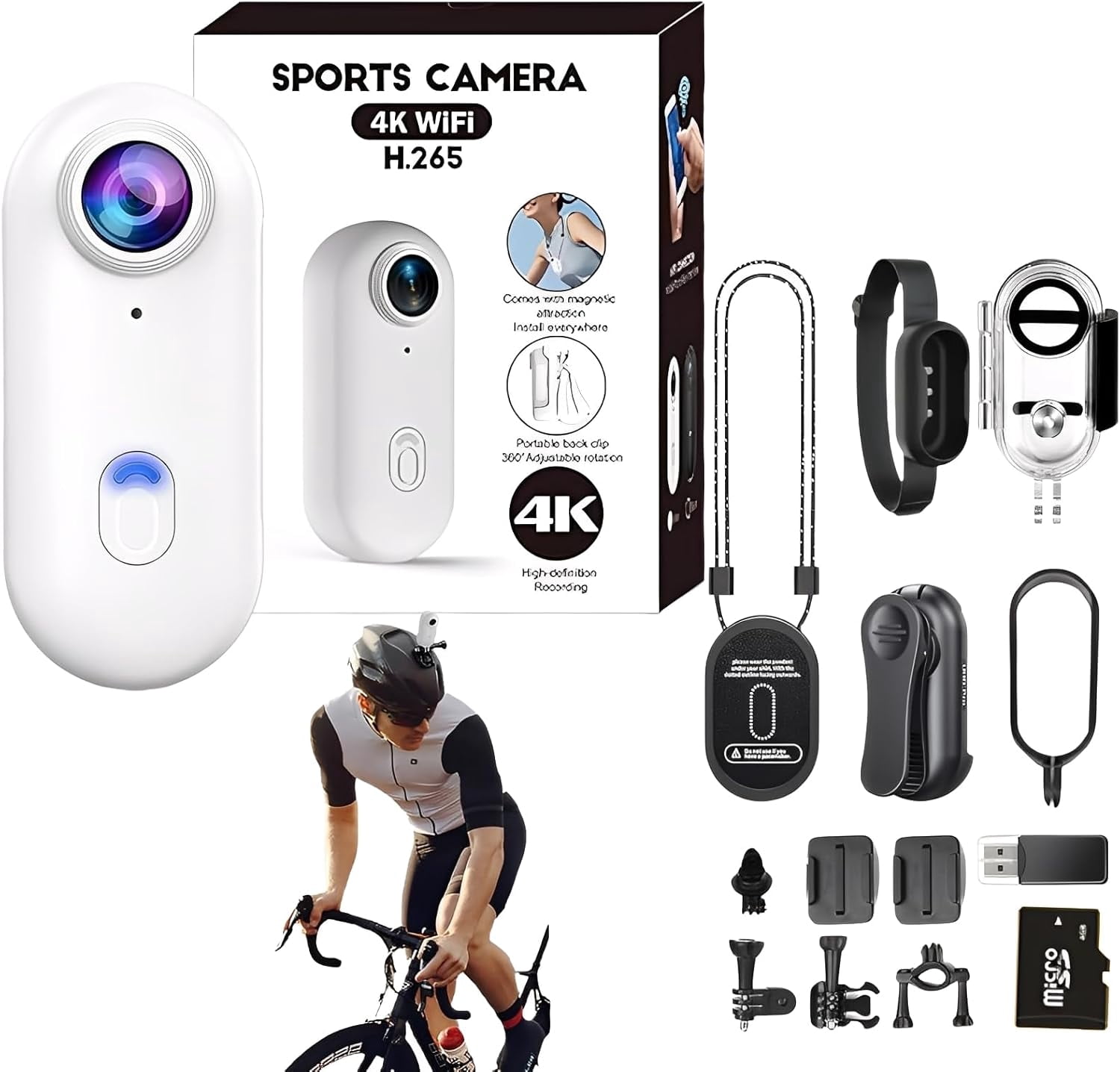 Caméra D'action Skypro 4K - Mini Caméra POV étanche, Clip Magnétique Et Fixation 360° - Pour Vélo, Moto, Sports Et Voyages (Blanc) - 6