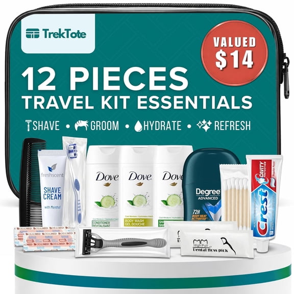 Trektote 12 Piece Mens Travel Hygiene Kit with Toiletries & Grooming Essentials, TSA-Compliant, Clear Cosmetic Bag - Single or Bulk Packs