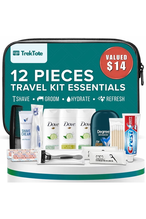 Trektote 12 Piece Mens Travel Hygiene Kit with Toiletries & Grooming Essentials, TSA-Compliant, Clear Cosmetic Bag - Single or Bulk Packs