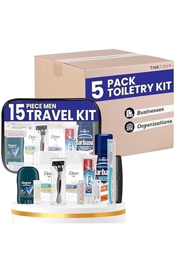 Travel Toiletry Kit For Men of Travel Size Toiletries, TSA Compliant, Includes Shampoo And Conditioner, Travel Size Shave Cream, Reusable Toiletry Bag & More (5 Pack)
