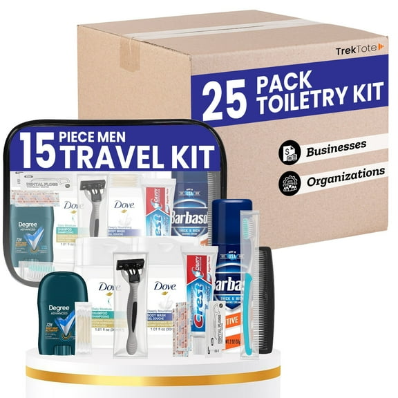 Trektote Travel Toiletry Kit For Men of Travel Size Toiletries, TSA Compliant, Includes Shampoo And Conditioner, Travel Size Shave Cream, Reusable Toiletry Bag & More (50 Pack)
