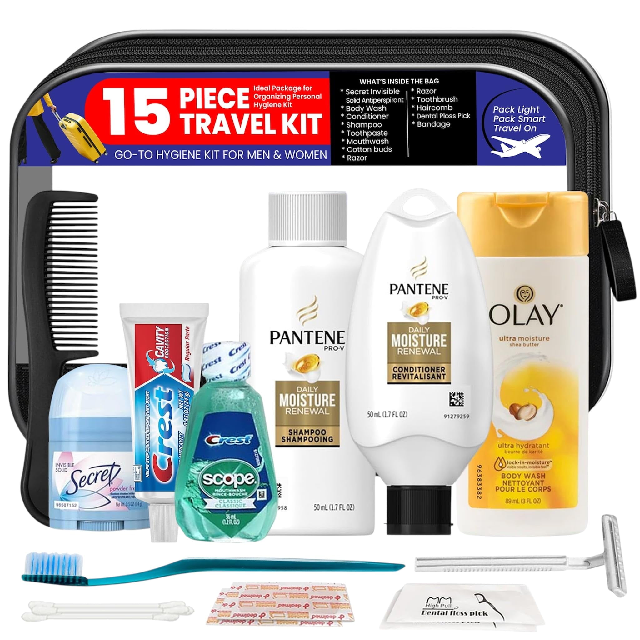 Trektote Travel Toiletry Kit For Women  15 Piece Set of Travel Size Toiletries, TSA Compliant, Travel Essentials, Includes Pantene Shampoo And Conditioner, Olay Body Wash, Toiletry Bag & More