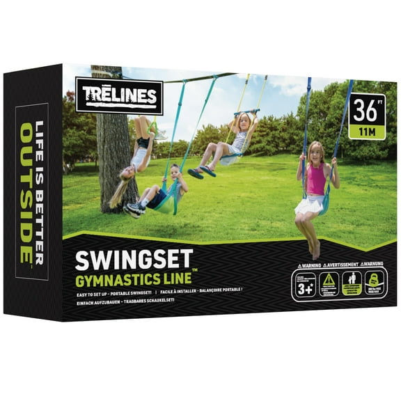 Trelines: Swingset Gymnastics Kit 36 ft - Gym Rings, Trapeze Bar, 2 Adjustable Swings, Pop-Up Outdoor Activity Set, Setup Between Trees, Kids Ages 3+