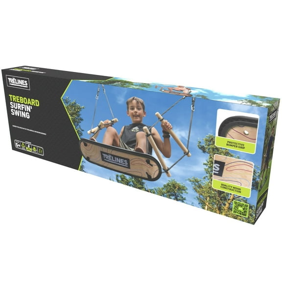 Trelines: Treboard Surfin' Swing - Skateboard Inspired Swing Deck, Rope Suspended, Twist-Turn-Perform Stunts, Sit Or Stand, Outdoor, Adults & Kids 5+