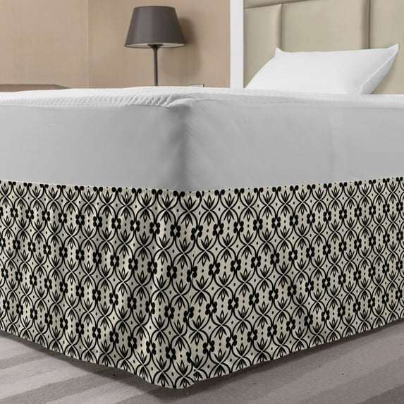 Trellis Bed Skirt, Abstract Floral Details Polka Dots and Strokes Antique Vintage, Elastic Bedskirt Dust Ruffle Wrap Around for Bedding Decor, 4 Sizes, Eggshell Charcoal Grey, by Ambesonne