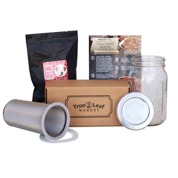 Trellis + Co. Cold Brew Coffee Maker Kit with Quart Mason Jar | Stainless Steel Cold Brew Coffee Filter - 80 Micron Mesh | Includes Portable Stainless Steel Lid & Hugo Dog Daze Cold Brew Coffee