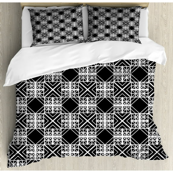 Trellis Duvet Cover Set King Size, Antique Artwork of Monochrome Squares with Stripes on a Dark Background, Decorative 3 Piece Bedding Set with 2 Pillow Shams, Charcoal Grey White, by Ambesonne