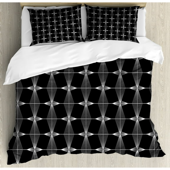 Trellis Duvet Cover Set Queen Size, Contemporary Illustration of Vertical and Horizontal Symmetric Details, Decorative 3 Piece Bedding Set with 2 Pillow Shams, Charcoal Grey and White, by Ambesonne