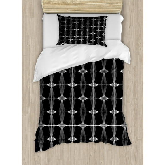 Trellis Duvet Cover Set Twin Size, Contemporary Illustration of Vertical and Horizontal Symmetric Details, Decorative 2 Piece Bedding Set with 1 Pillow Sham, Charcoal Grey and White, by Ambesonne