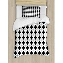 Trellis Duvet Cover Set Twin Size, Symmetrical Pattern of Dark Plus Shapes and White Squares Repetition, Decorative 2 Piece Bedding Set with 1 Pillow Sham, Charcoal Grey and White, by Ambesonne