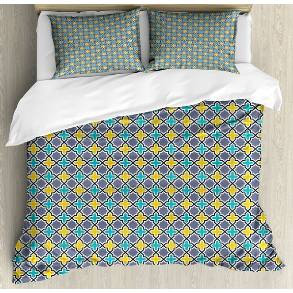 Trellis Duvet Cover Set, Victorian Baroque Pattern in Vibrant Colors Aged Dated Design, Decorative 3 Piece Bedding Set with 2 Pillow Shams, King Size, Purple Yellow Sky Blue, by Ambesonne
